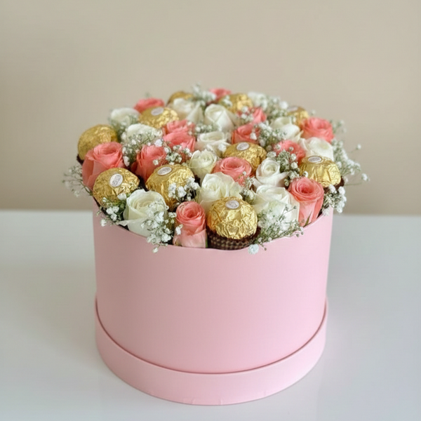 Süße Harmonie Rosen Box – Blumenbox mit rosa und weißen Rosen sowie Ferrero Rocher – Amores