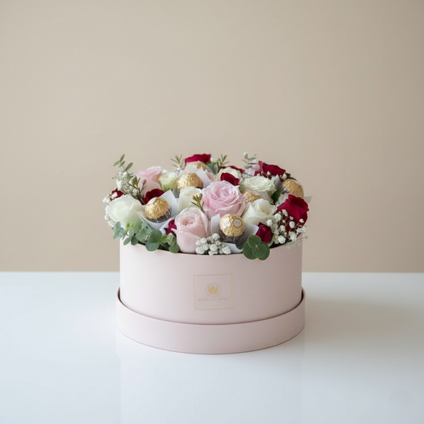 Pastell Traum Box mit roten, weißen und rosa Rosen sowie Ferrero Rocher – Amores