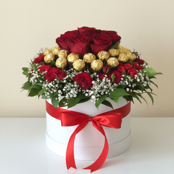 Klassische Purpur Eleganz Blumenbox mit roten Rosen und Ferrero Rocher – Amores
