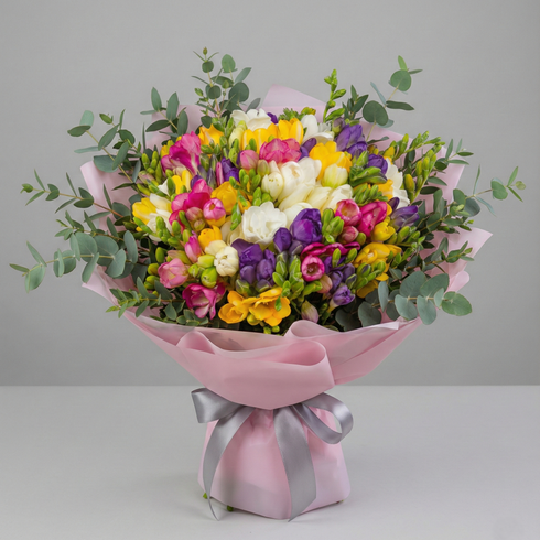 Farbenfroher Freesiengruß - Bunte Freesien in gelb, violett, weiß und rosa für pure Frühlingsfrische