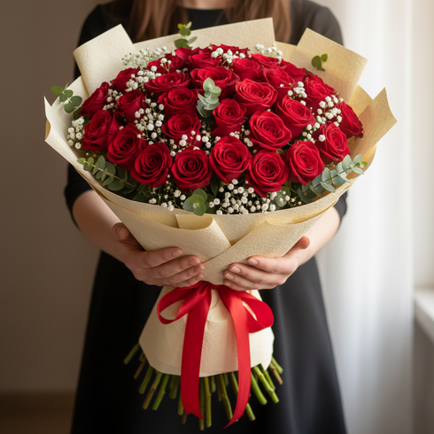 Rote Rosen 30 Stück – Premium Rosenstrauß mit Schleierkraut & Eukalyptus, Same-Day-Lieferung Linz | Amores