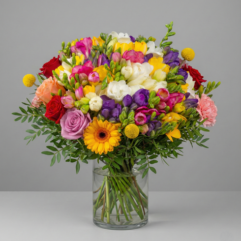 Gartenparty-Mix - Bunte Freesien, Gerbera und Nelken in frühlingsfrischer Vielfalt
