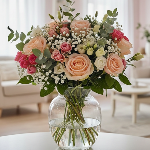 Zarte Eleganz - Lachsfarbene und rosa Rosen mit Eukalyptus in beruhigender Romantik