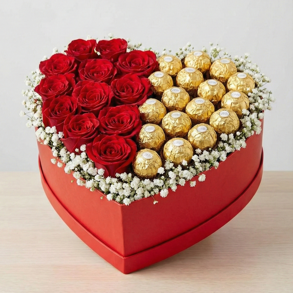 The Ultimate Love Duo – Herzbox mit roten Rosen und Ferrero Rocher – Amores