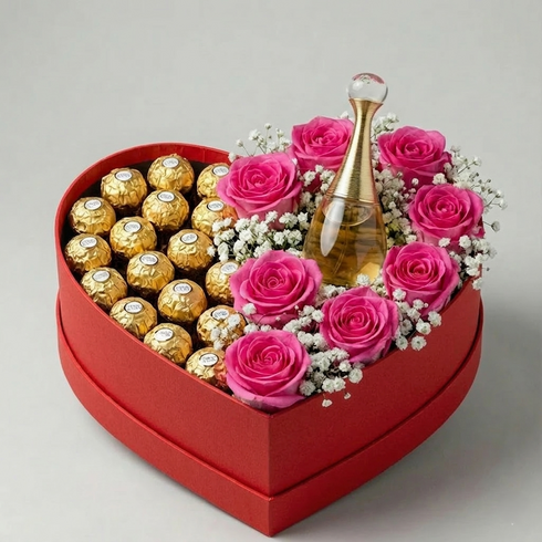 Blühende Schönheit Luxus Set – Herzbox mit rosa Rosen, Ferrero Rocher und Parfüm – Amores