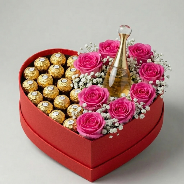 Blühende Schönheit Luxus Set – Herzbox mit rosa Rosen, Ferrero Rocher und Parfüm – Amores