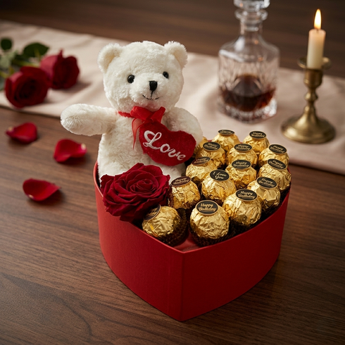 Choco-Rose Romance – Rote Herzbox mit roten Rosen, weißem Teddybär & Ferrero Rocher, Same-Day-Lieferung Linz | Amores