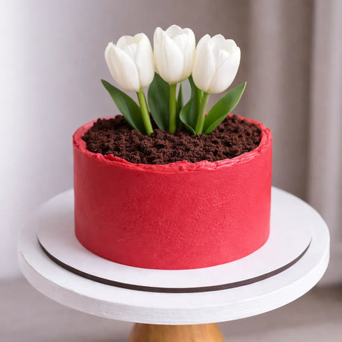 Handgefertigte Tulpen-Topf Torte zum Muttertag – frisch auf Bestellung, Lieferung in Linz.
