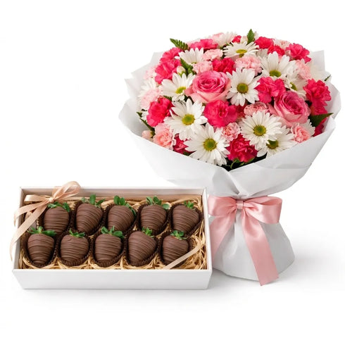 Frische Blumen & Schokoerdbeeren Deluxe zum Muttertag – limitiert, Lieferung in Linz am Muttertag.