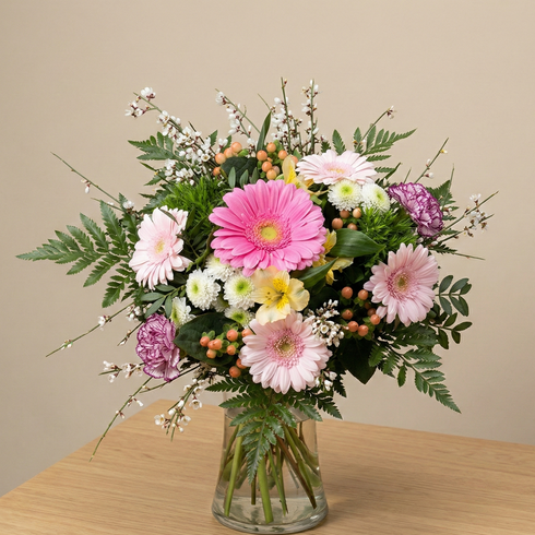 Gerbera Glück – Pfingstrosen & weiße Nelken Bouquet in S/M/L, Same-Day-Lieferung Linz | Amores