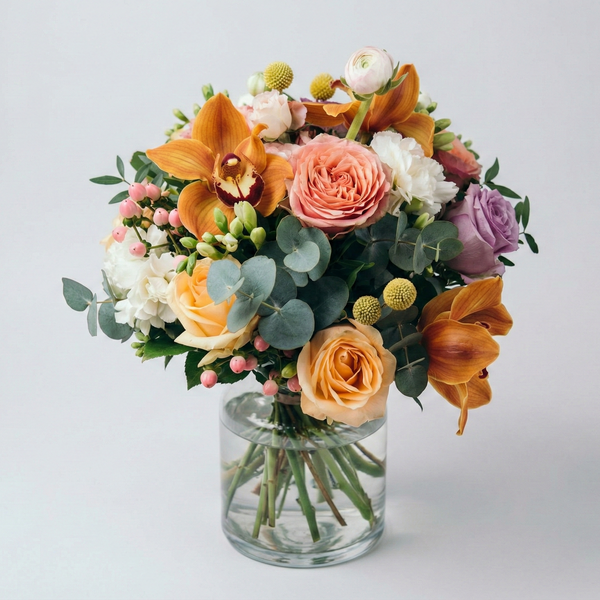 Goldener Herbstzauber – Orchideen, Pfirsichrosen & Craspedia Strauß, Same-Day-Lieferung Linz | Amores