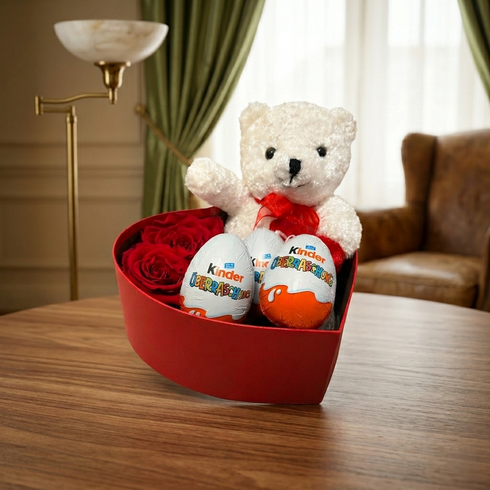 Herz Edition – Rote Herzbox mit roten Rosen, weißem Teddybär & Kinder Surprise, Same-Day-Lieferung Linz | Amores