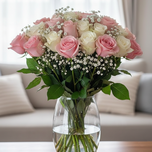Himmelstraum – Rosa & weiße Rosen mit Schleierkraut in M/L/XL, Same-Day-Lieferung Linz | Amores