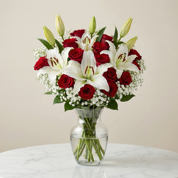 Königliche Romanze - Rote Rosen und weiße Lilien in zeitloser Eleganz