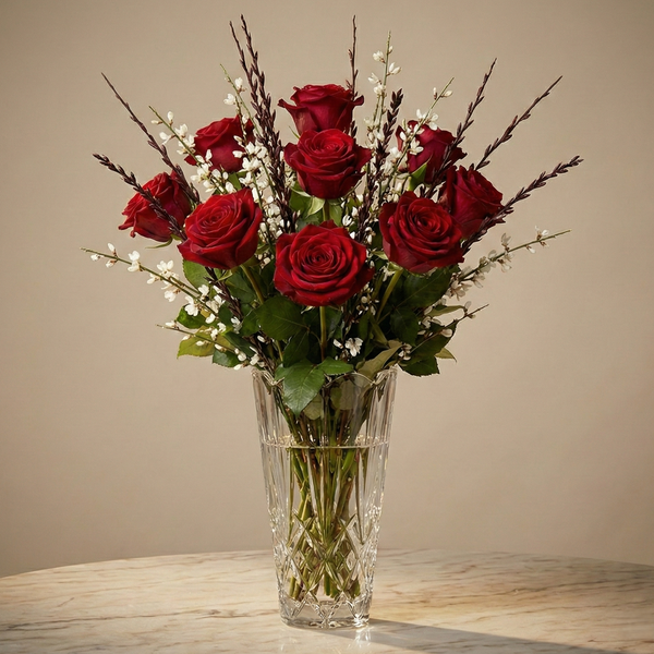 Majestätisches Rot – Rote Rosen mit Schleierkraut & Eukalyptus in 3 Größen, Same-Day-Lieferung Linz | Amores