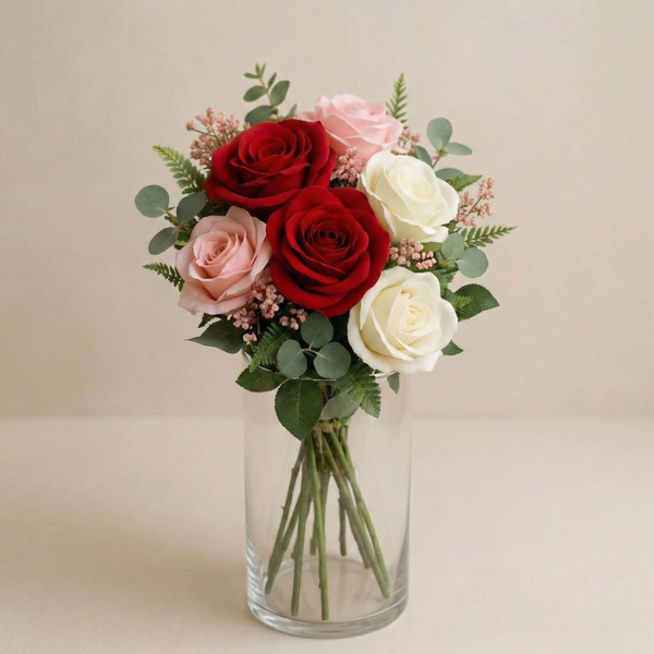 Natürliche Liebe - Drei-Farben Rosen Bouquet mit Eukalyptus und Schleierkraut