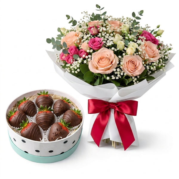 Frische Blumen & Schokoerdbeeren im Premium-Set zum Muttertag – limitiert, Lieferung in Linz.
