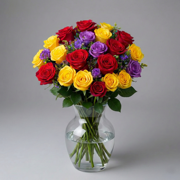 Bunter Liebesrausch – Handgebundener Rosenstrauß mit 25 Rosen in Rot, Gelb & Violett, Same-Day-Lieferung Linz | Amores