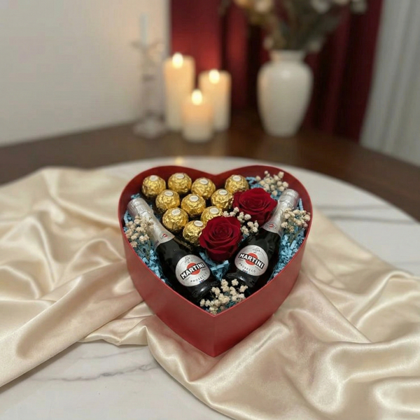 Das Ultimative Duo Herzbox mit Ferrero Rocher, Martini und roten Rosen – Amores