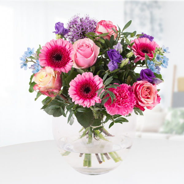 Juwelen Bouquet - Rosa Gerbera mit Rosen und Eustoma in farbenfroher Eleganz