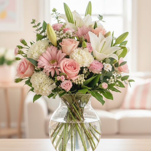 Unschuldige Eleganz – Lilien, Rosen & Gerbera mit Hortensien Strauß, Same-Day-Lieferung Linz | Amores