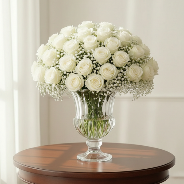 Weiße Rosen 30 Stück – Premium Rosenstrauß mit Schleierkraut & Eukalyptus, Same-Day-Lieferung Linz | Amores