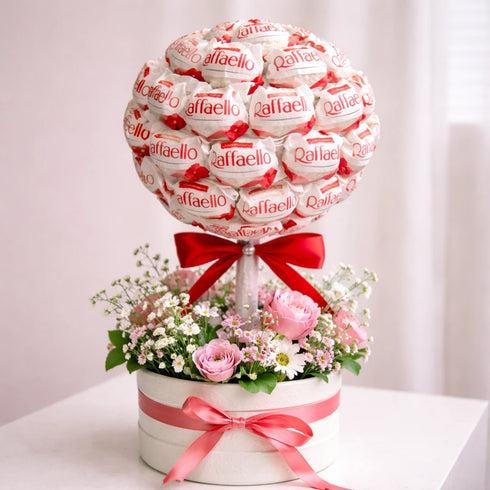 Frische Blumen & Raffaello-Schokolade zum Muttertag – limitiertes Bouquet, Lieferung in Linz am Muttertag.