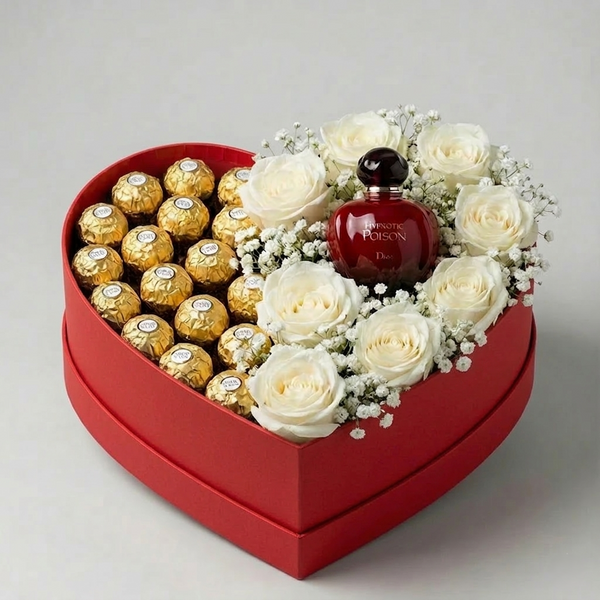 Winter Weiß Luxus Box – Herzbox mit weißen Rosen, Ferrero Rocher und Parfüm – Amores