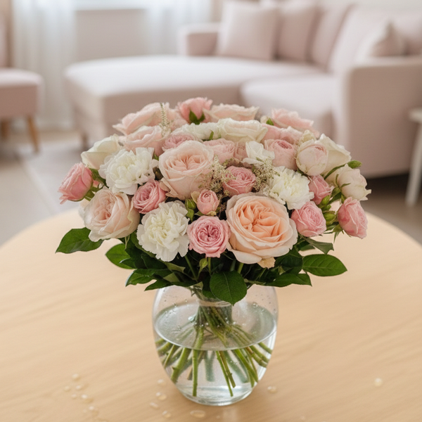 Zarte Umarmung – Pfingstrosen & weiße Nelken Bouquet in S/M/L, Same-Day-Lieferung Linz | Amores